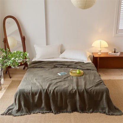 Ownkoti Solid Waffle Weave Cotton Tassel Quilt - Dark Green - Queen - image 9