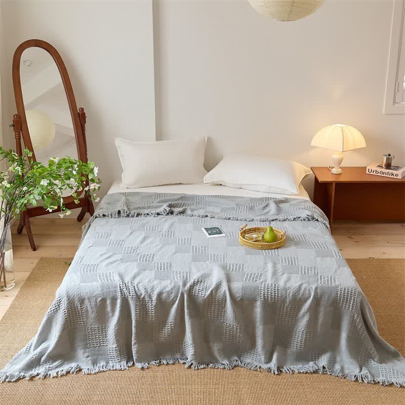 Ownkoti Solid Waffle Weave Cotton Tassel Quilt - Gray - Queen - image 10