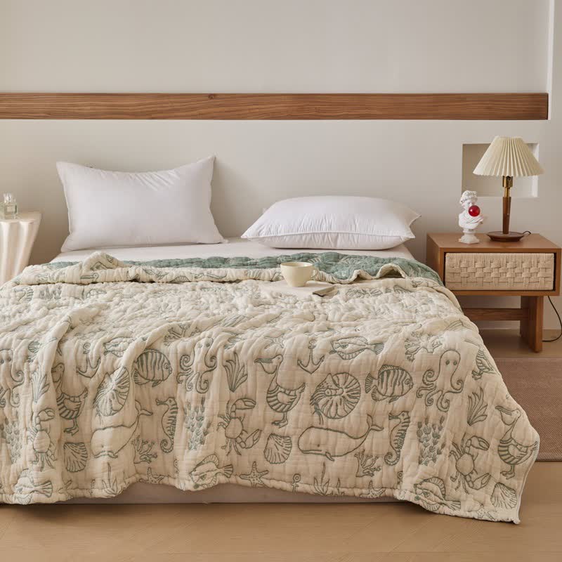 Ownkoti Ocean Life Cotton Gauze Quilt - Green - Queen - image 4