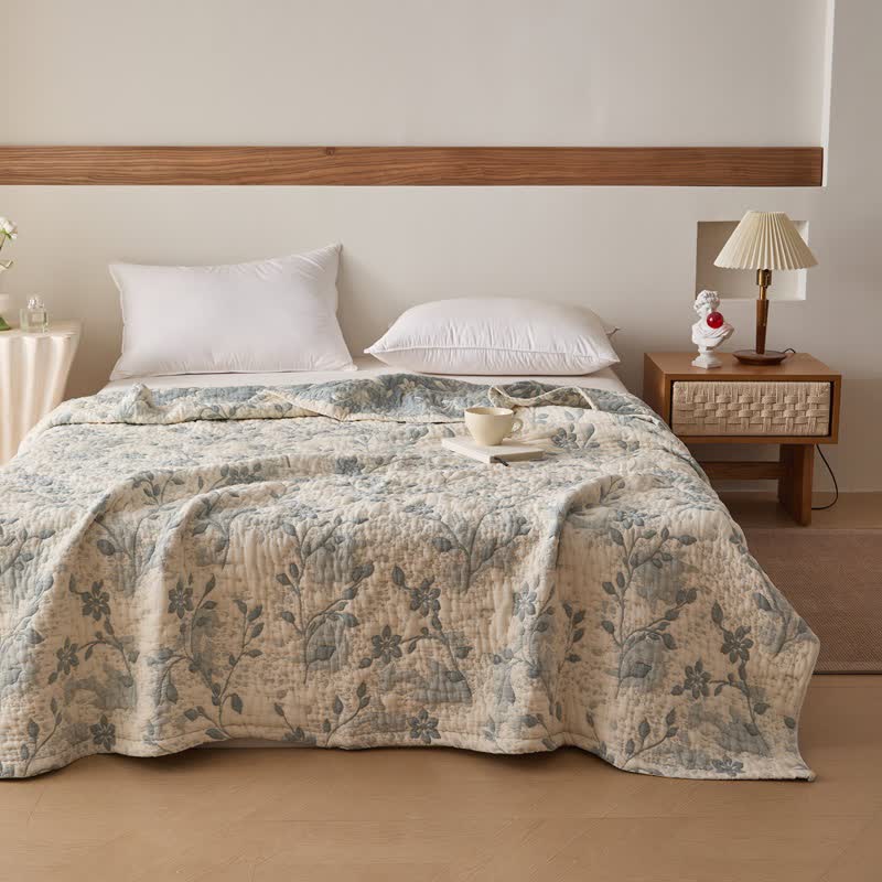 Ownkoti Floral Vine Cotton Gauze Quilt - Cyan - Queen - image 7