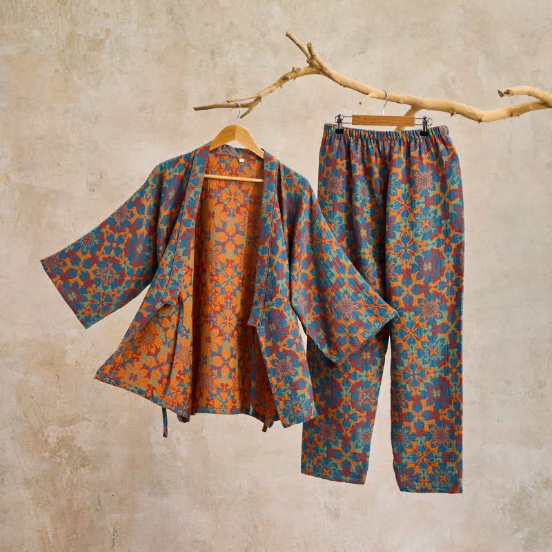Ownkoti Geometric Pattern Cotton Kimono Loungewear Set - image 1