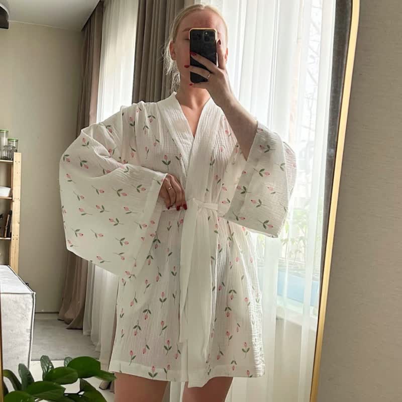 Ownkoti Tulip Pattern Cotton Short Pajama Robe - image 2