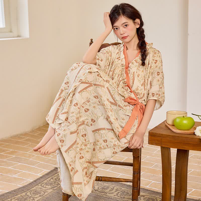 Ownkoti Vintage Pattern Ruffled Collar Side-Tie Nightgown - image 8