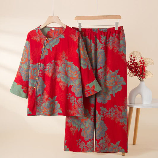 Ownkoti Vintage Oriental Peony Cotton Pajama Set - Red - XL - image 0