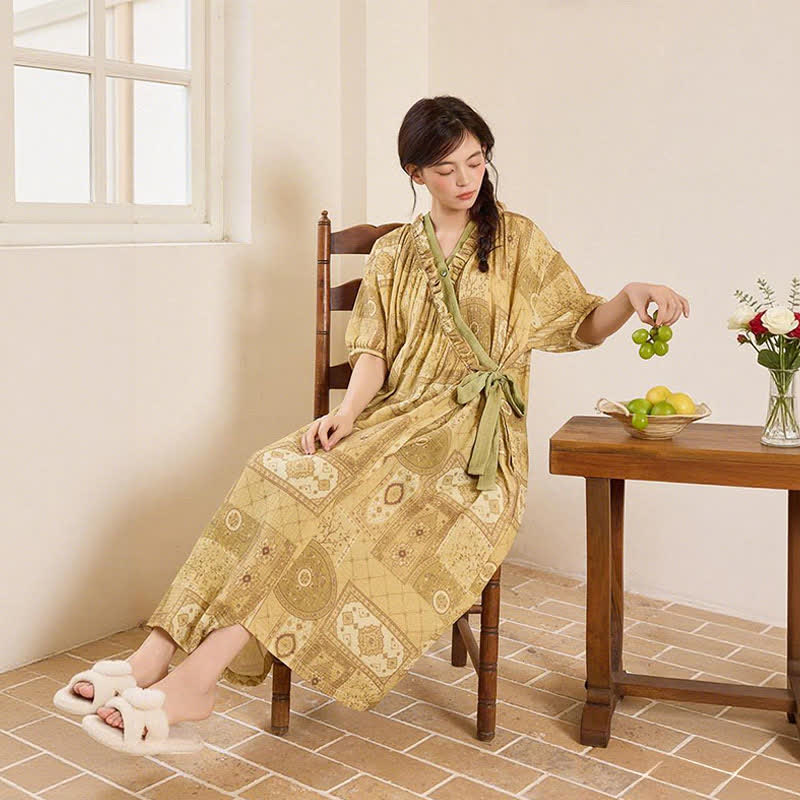 Ownkoti Ethnic Style Ruffled Collar Side-Tie Nightgown - image 6