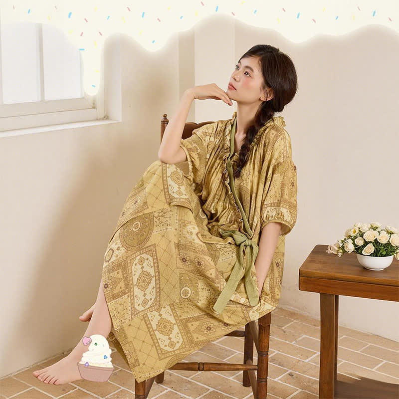 Ownkoti Ethnic Style Ruffled Collar Side-Tie Nightgown - image 8
