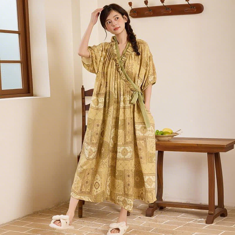Ownkoti Ethnic Style Ruffled Collar Side-Tie Nightgown - Dark Yellow - XXL - image 0