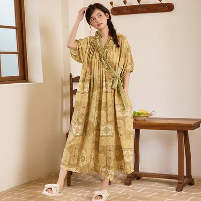 Ownkoti Ethnic Style Ruffled Collar Side-Tie Nightgown - Dark Yellow - XXL - image 0