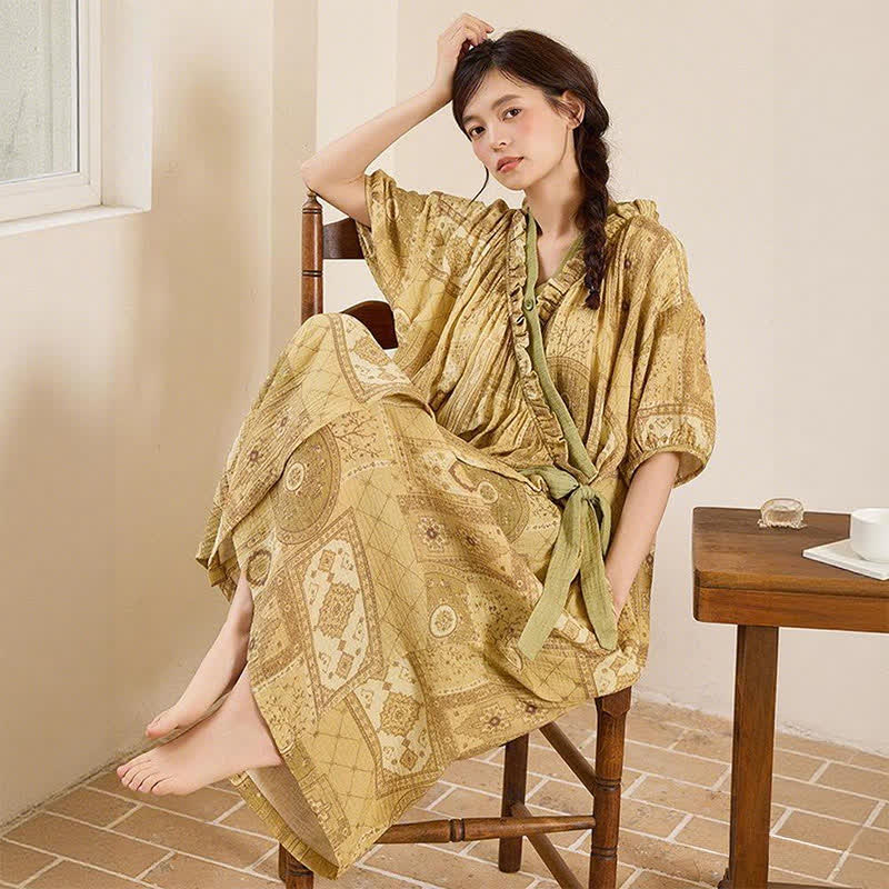 Ownkoti Ethnic Style Ruffled Collar Side-Tie Nightgown - image 2
