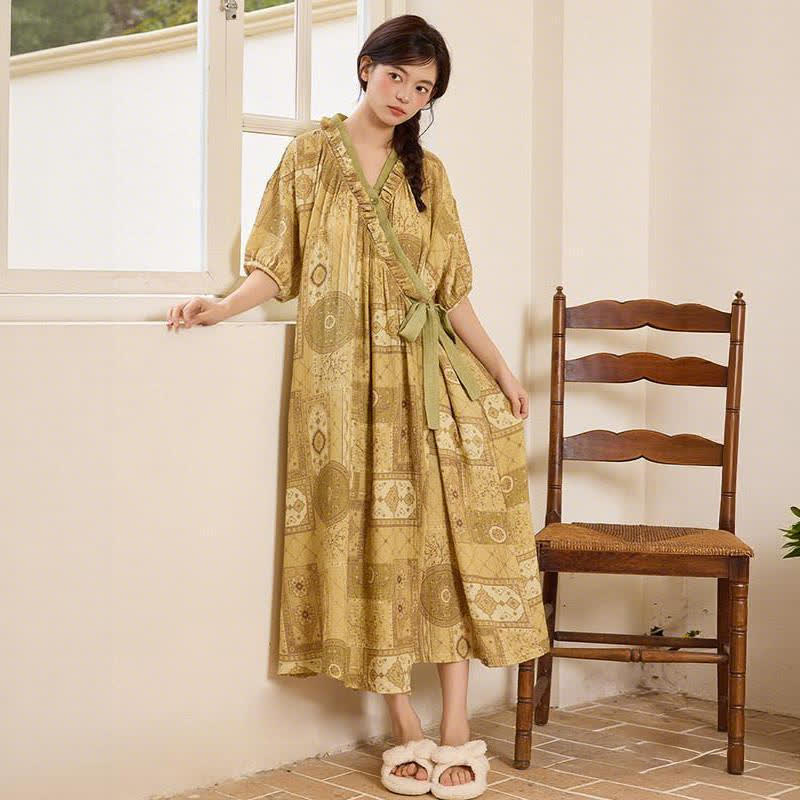 Ownkoti Ethnic Style Ruffled Collar Side-Tie Nightgown - image 4