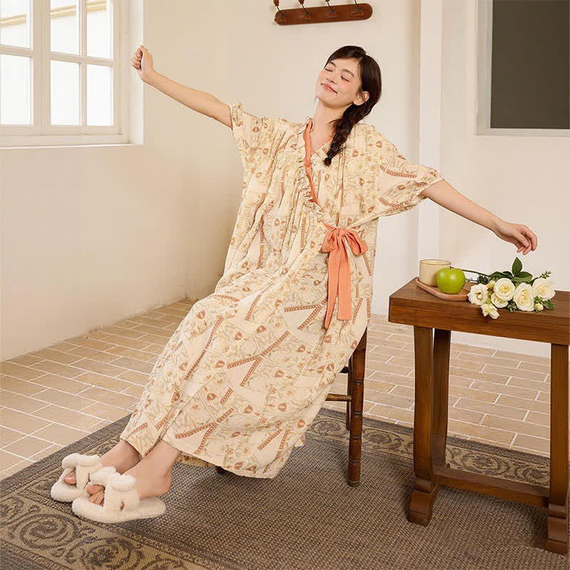 Ownkoti Vintage Pattern Ruffled Collar Side-Tie Nightgown - image 7