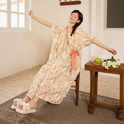 Ownkoti Vintage Pattern Ruffled Collar Side-Tie Nightgown - image 7