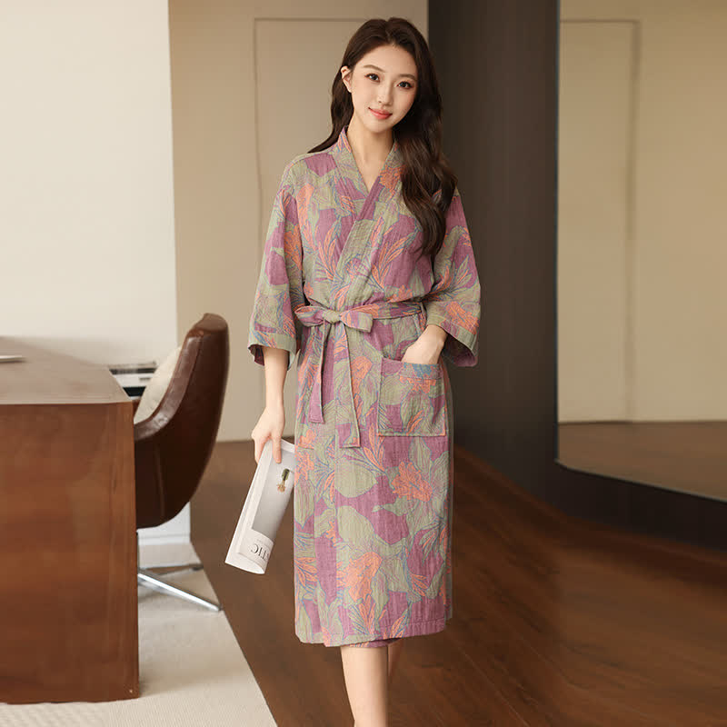 Ownkoti Floral Cotton Double Gauze Kimono Robe - Purple - XL - image 4