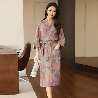 Ownkoti Floral Cotton Double Gauze Kimono Robe - Purple - XL - image 4