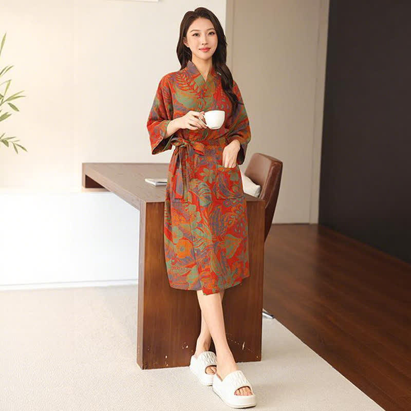 Ownkoti Floral Leaf Cotton Double Gauze Kimono Robe - image 2