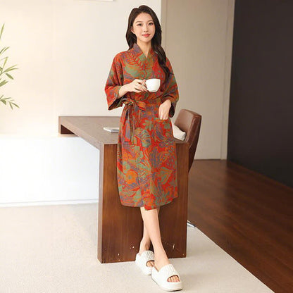 Ownkoti Floral Leaf Cotton Double Gauze Kimono Robe - image 2
