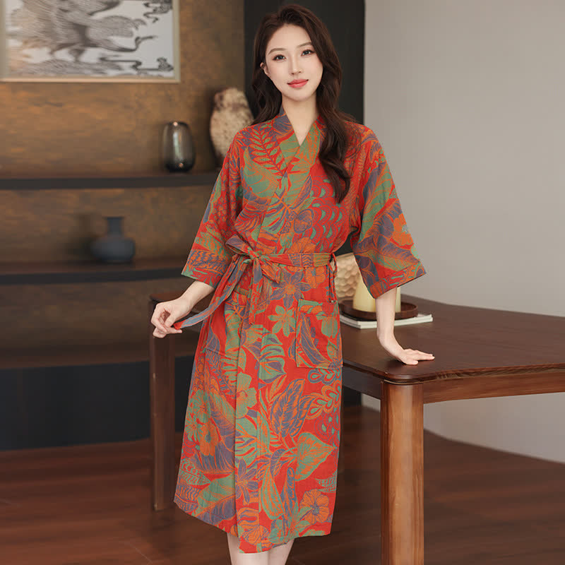 Ownkoti Floral Leaf Cotton Double Gauze Kimono Robe - Red - XL - image 0