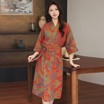 Ownkoti Floral Leaf Cotton Double Gauze Kimono Robe - Red - XL - image 0