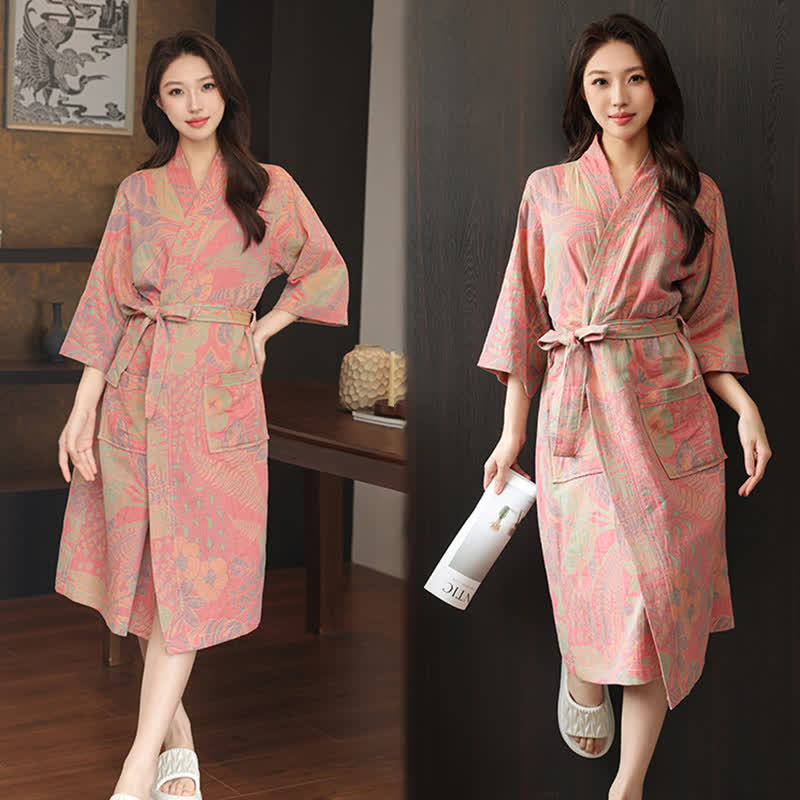 Ownkoti Floral Leaf Cotton Double Gauze Kimono Robe - image 4