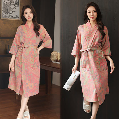 Ownkoti Floral Leaf Cotton Double Gauze Kimono Robe - image 4