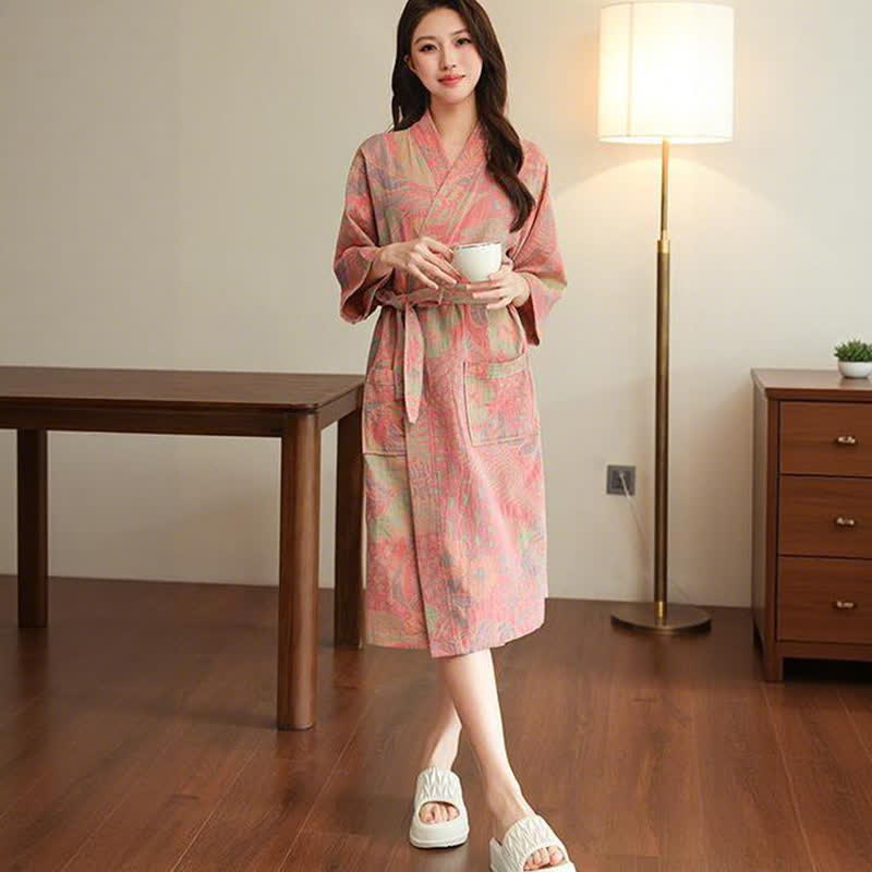 Ownkoti Floral Leaf Cotton Double Gauze Kimono Robe - image 5
