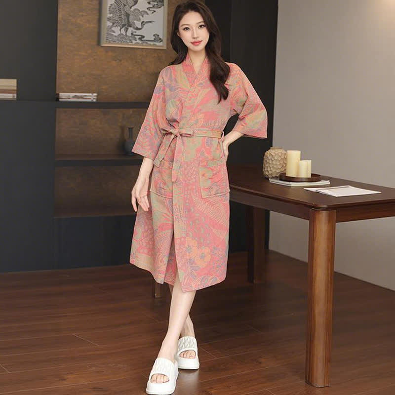 Ownkoti Floral Leaf Cotton Double Gauze Kimono Robe - Pink - XL - image 3