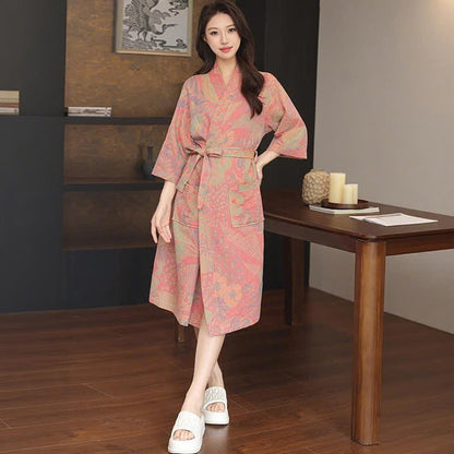 Ownkoti Floral Leaf Cotton Double Gauze Kimono Robe - Pink - XL - image 3