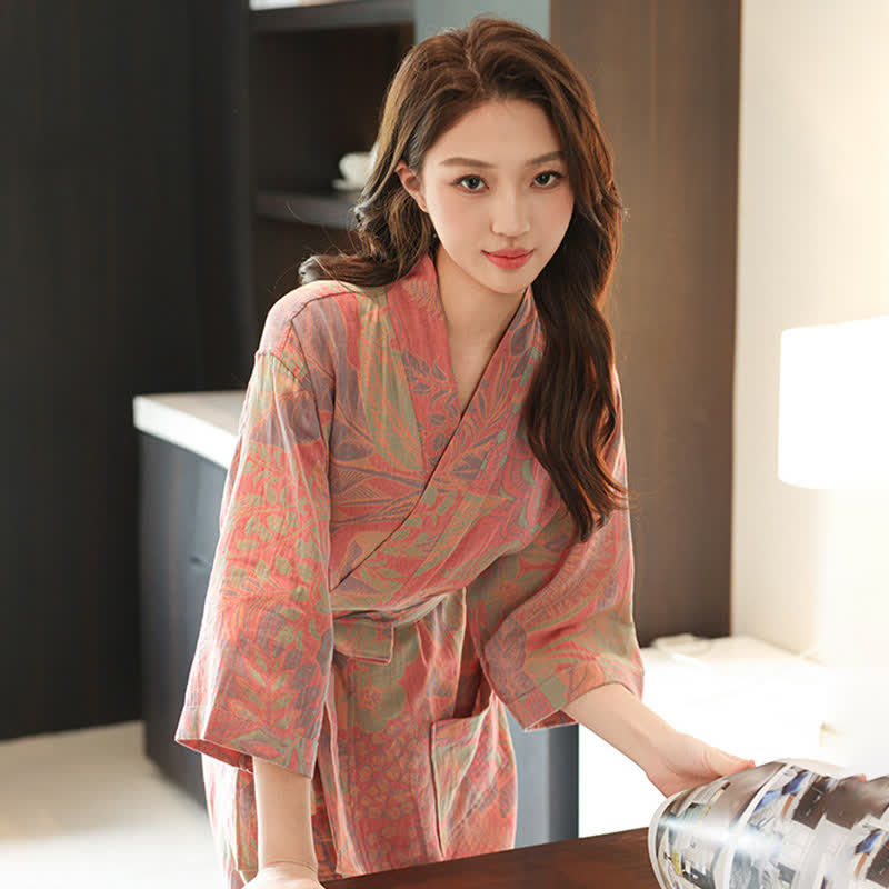 Ownkoti Floral Leaf Cotton Double Gauze Kimono Robe - image 7