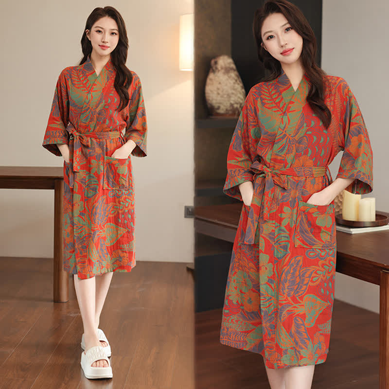 Ownkoti Floral Leaf Cotton Double Gauze Kimono Robe - image 1