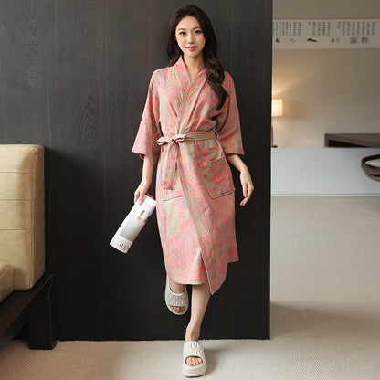 Ownkoti Floral Leaf Cotton Double Gauze Kimono Robe - image 6