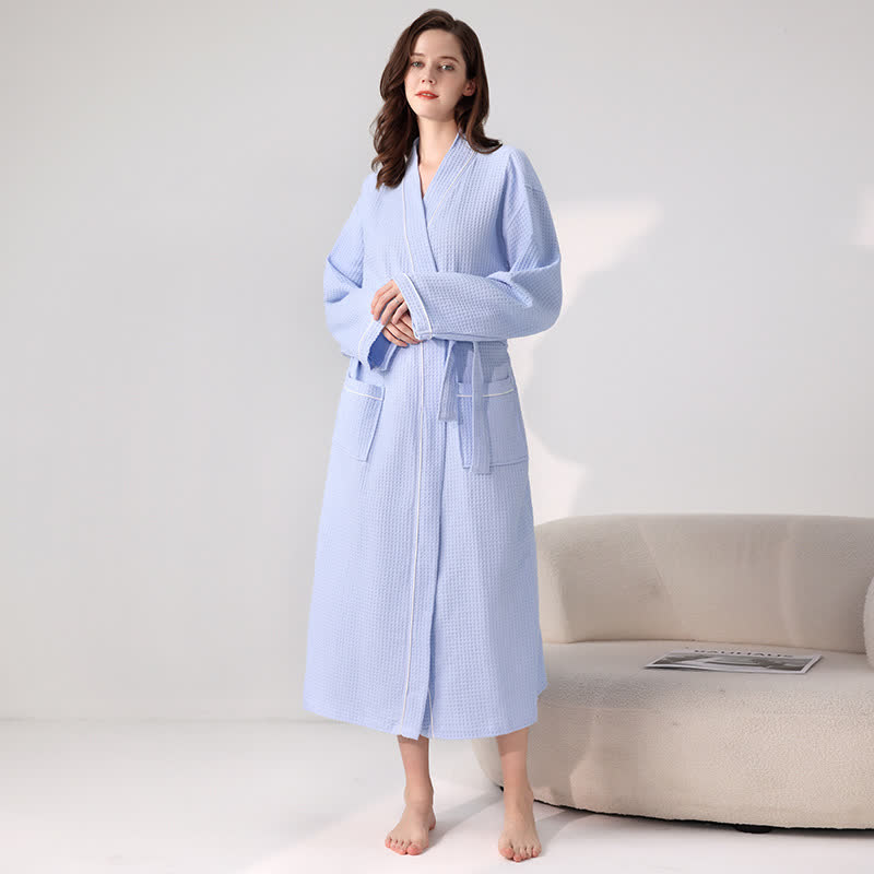 Ownkoti Minimalist Cotton Waffle Texture Bath Robe - Light Blue - XL - image 10