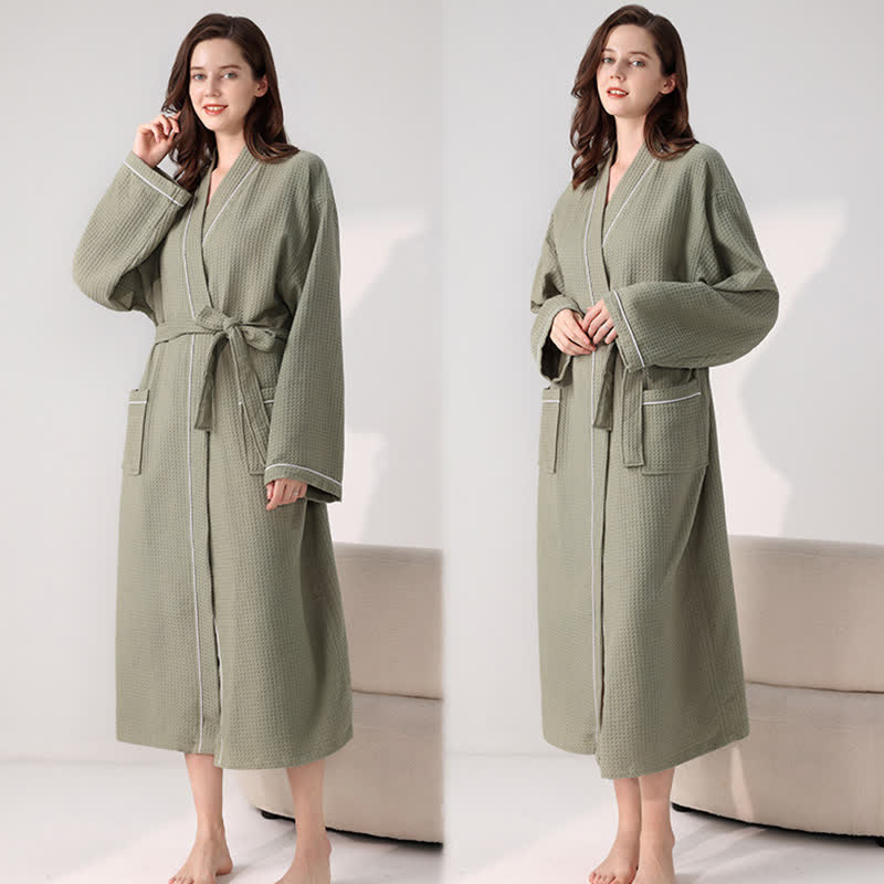 Ownkoti Minimalist Cotton Waffle Texture Bath Robe - Army Green - XL - image 15