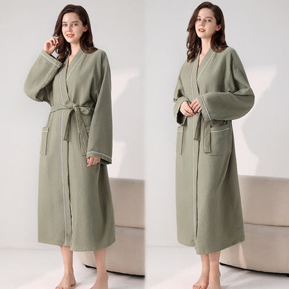 Ownkoti Minimalist Cotton Waffle Texture Bath Robe - Army Green - XL - image 15