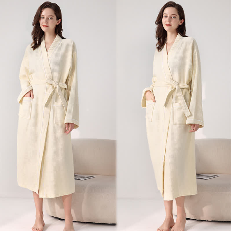 Ownkoti Minimalist Cotton Waffle Texture Bath Robe - Beige - XL - image 17