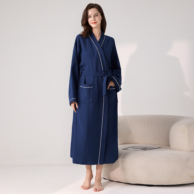 Ownkoti Minimalist Cotton Waffle Texture Bath Robe - Dark Blue - XL - image 5