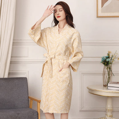 Ownkoti Abstract Pattern Pure Cotton Bath Robe - Yellow - XXL - image 8