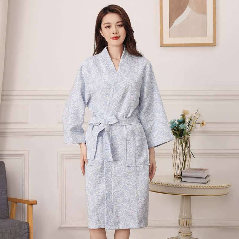 Ownkoti Abstract Pattern Pure Cotton Bath Robe - Light Blue - XXL - image 2