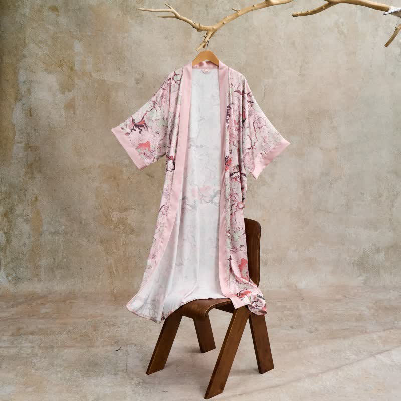 Ownkoti Oriental Pink Floral Kimono Style Bathrobe - Pink - One Size - image 0