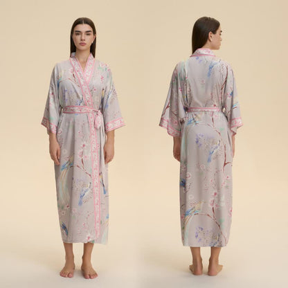 Ownkoti Peach Blossom & Bird Kimono Style Bathrobe - image 2