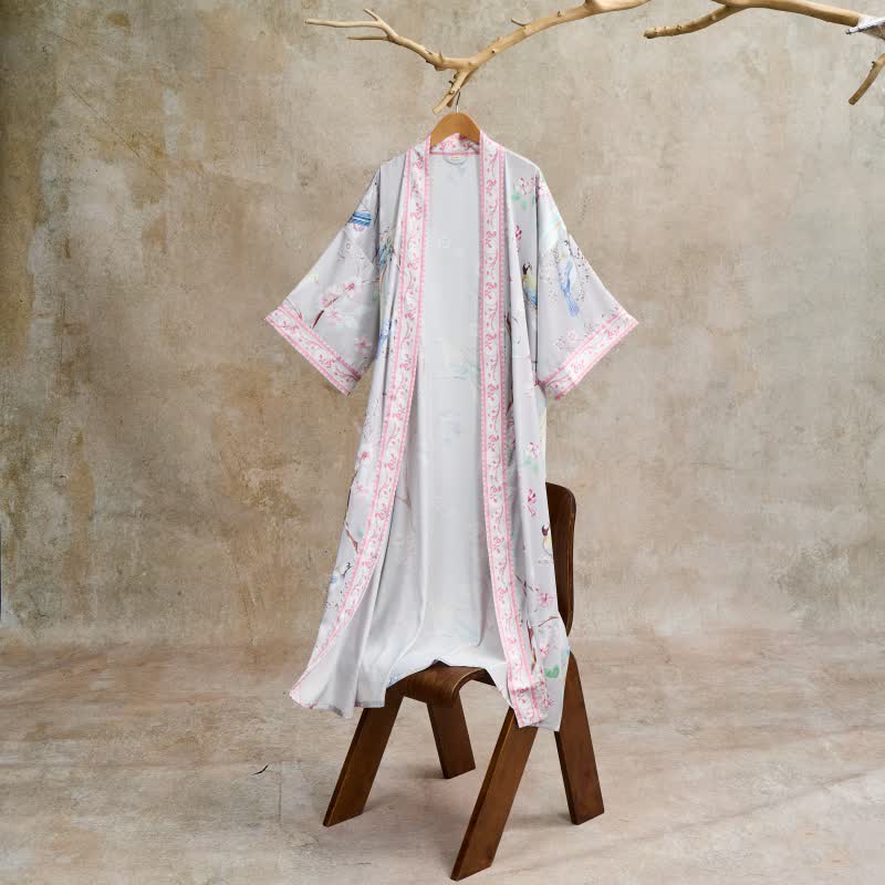 Ownkoti Peach Blossom & Bird Kimono Style Bathrobe - Gray - One Size - image 0