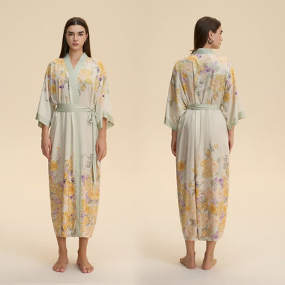 Ownkoti Oriental Yellow Floral Kimono Style Bathrobe - image 1