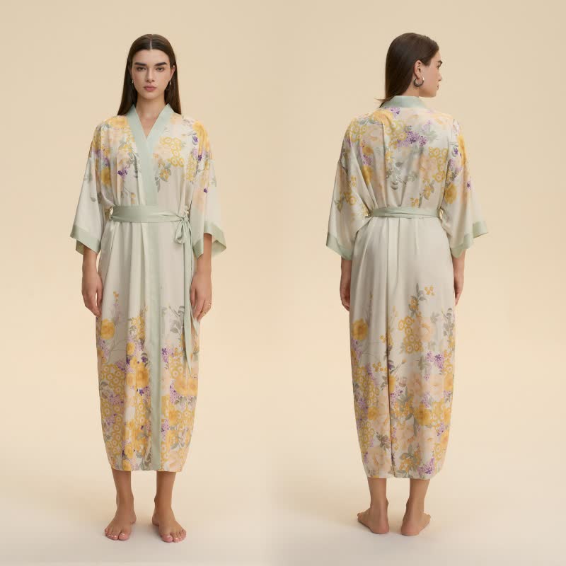 Ownkoti Oriental Yellow Floral Kimono Style Bathrobe - image 2