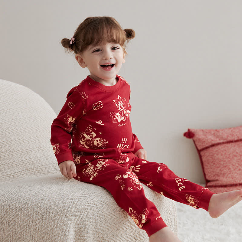 Ownkoti Festive Pony Cotton Kids Loungewear Set - Red - Child:130cm - image 0