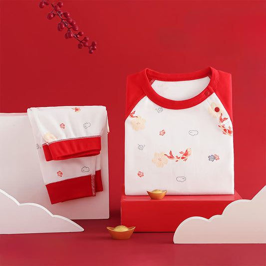 Ownkoti Koi & Floral Cotton Kids Loungewear Set - Red - Child:130cm - image 0