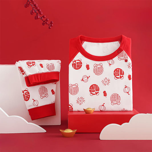 Ownkoti Auspicious Pattern Cotton Kids Loungewear Set - Red - Child:130cm - image 0