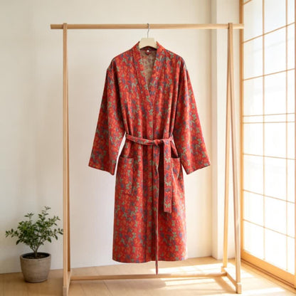 Ownkoti Butterfly Jacquard Cotton Gauze Kimono Robe - Red - XXL - image 3