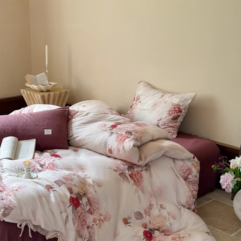 Ownkoti Elegant Rose Cotton Tie-Closure Bedding Set(4PCS) - image 1