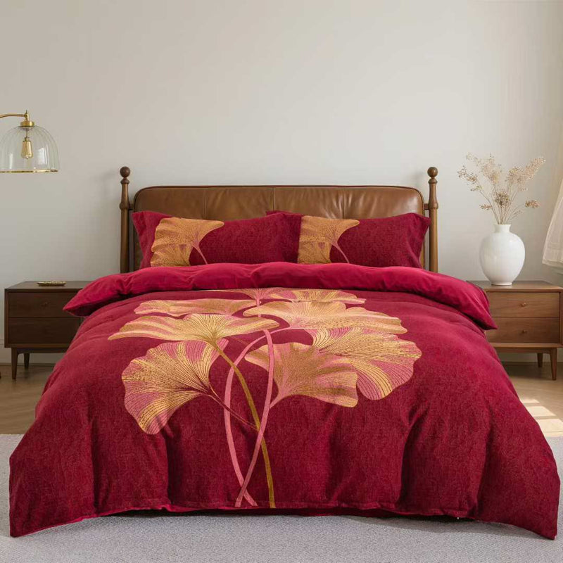 Ownkoti Red & Gold Ginkgo Leaf Cotton Bedding Set(4PCS) - King - image 0