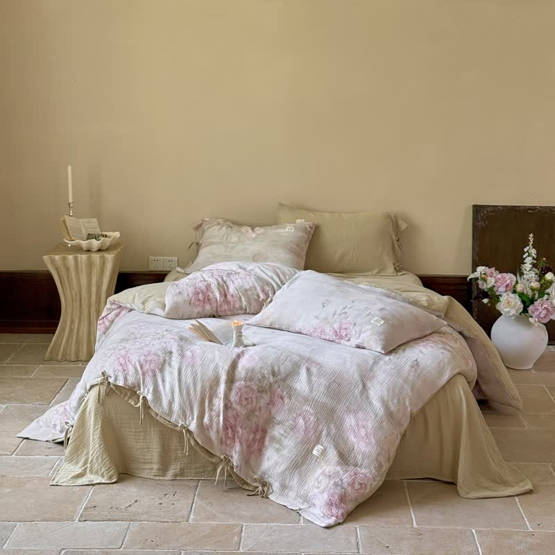 Ownkoti Elegant Peony Cotton Tie-Closure Bedding Set(4PCS) - Pink & Green - King - image 0