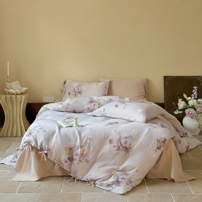 Ownkoti Subtle Floral Cotton Tie-Closure Bedding Set(4PCS) - Light Pink - King - image 0